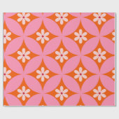 Witte bloemen op midden eeuw roze cirkels patroon cadeaupapier (Vlak)