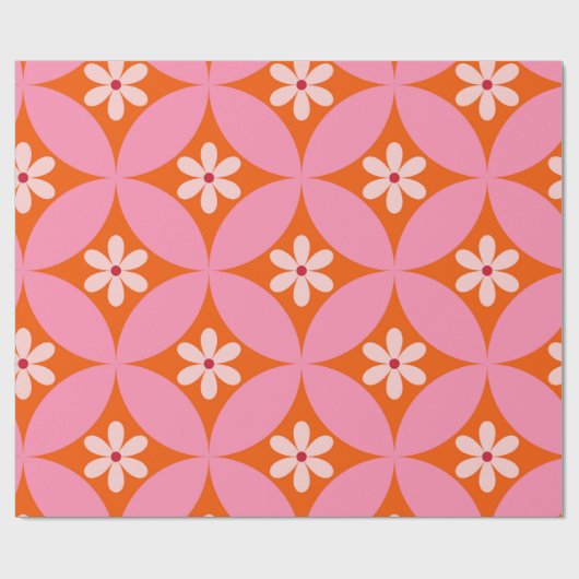 Witte bloemen op midden eeuw roze cirkels patroon cadeaupapier (Vlak)