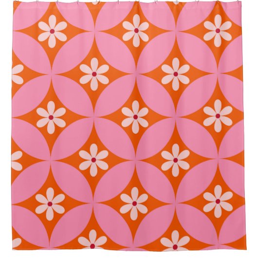 Witte bloemen op midden eeuw roze cirkels patroon douchegordijn (Voorkant)