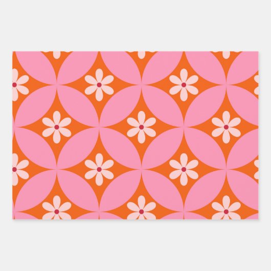 Witte bloemen op midden eeuw roze cirkels patroon inpakpapier vel (Voorkant 3)