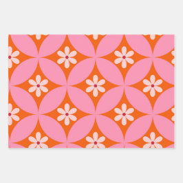 Witte bloemen op midden eeuw roze cirkels patroon inpakpapier vel