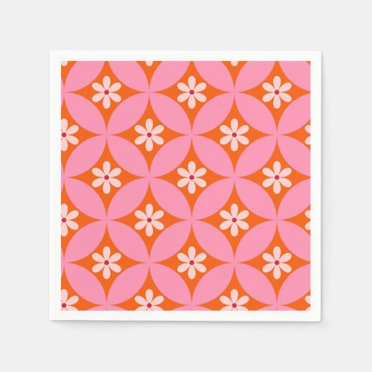 Witte bloemen op midden eeuw roze cirkels patroon servet (Voorkant)