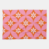 Witte bloemen op midden eeuw roze cirkels patroon theedoek (Horizontaal)