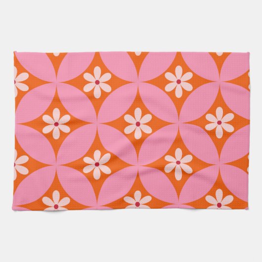 Witte bloemen op midden eeuw roze cirkels patroon theedoek (Horizontaal)