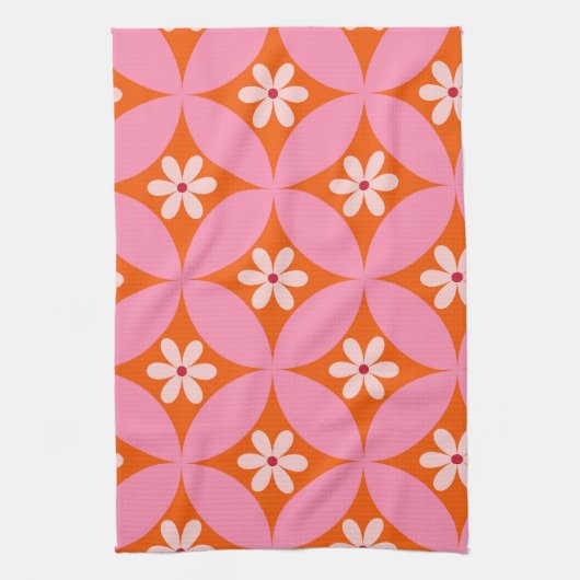 Witte bloemen op midden eeuw roze cirkels patroon theedoek (Verticaal)