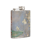 Witte bloemen op Newsprint Achtergrond Heupfles (Rechts)