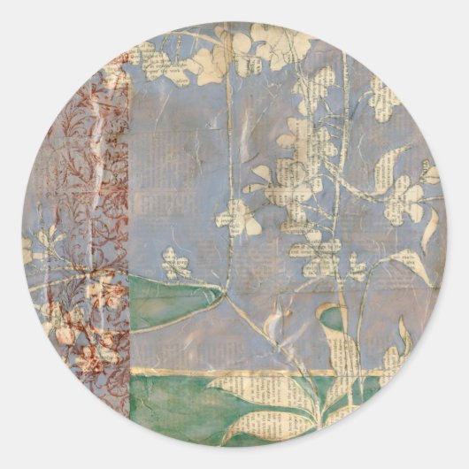 Witte bloemen op Newsprint Achtergrond Ronde Sticker (Voorkant)