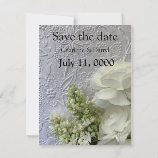 Witte bloemen op reliëfachtergrond save the date (Voorkant)