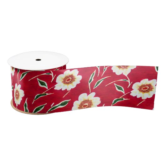 Witte bloemen op rode achtergrond satijnen lint (Spoel)