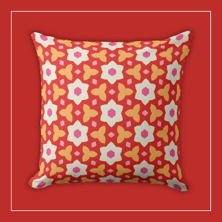 Witte bloemen op rood en perzik geometrisch bloemm kussen