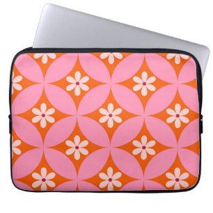 Witte bloemen op roze cirkels patroon uit het midd laptop sleeve