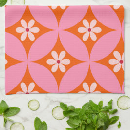 Witte bloemen op roze cirkels patroon uit het midd theedoek