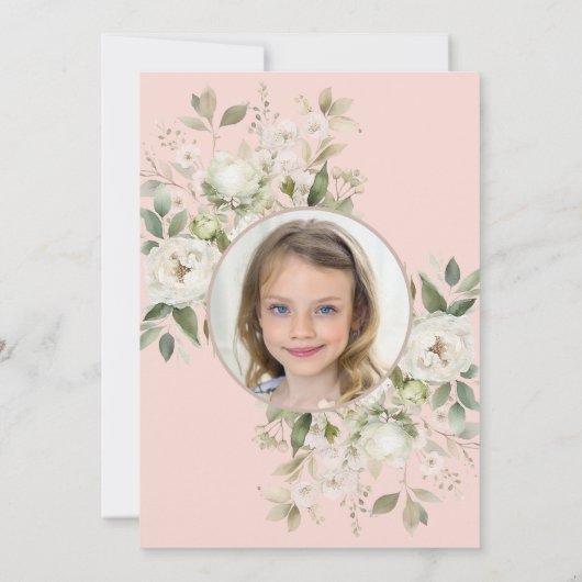 Witte Bloemen op Roze Eerste Heilige Communie Kaart (Achterkant)