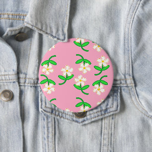 Witte bloemen op roze ronde button 4,0 cm