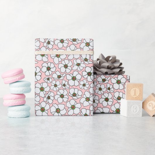 Witte Bloemen Op Roze Roze Cadeaupapier (Baby Shower)
