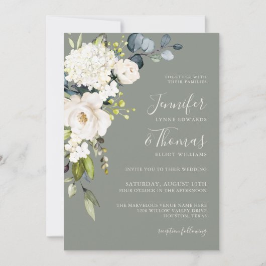 Witte Bloemen op Sage Groene Elegante Bruiloft Kaart (Voorkant)