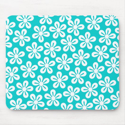 Witte bloemen op turquoise mousepad muismat (Voorkant)