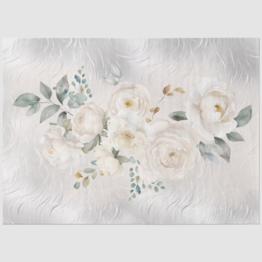 Witte bloemen op zilveren decoupage tissuepapier (Voorkant)