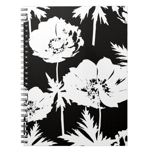 Witte bloemen op zwart. notitieboek (Voorkant)