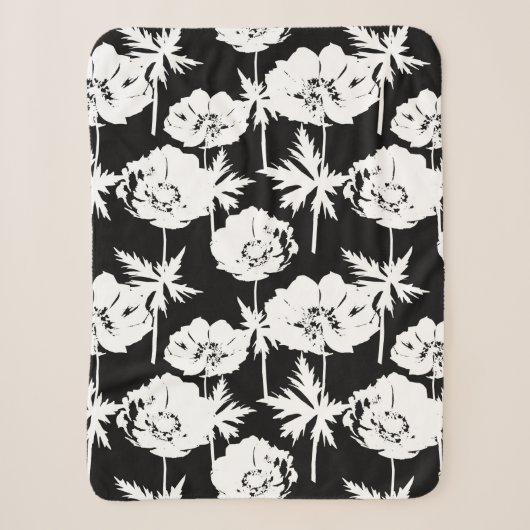 Witte bloemen op zwart. sherpa deken (Voorkant)