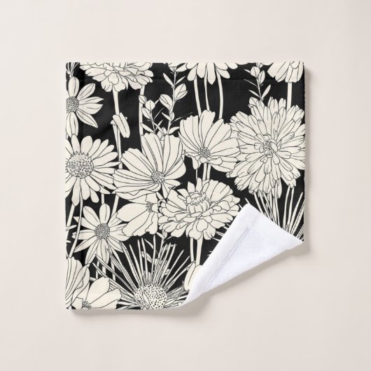 witte bloemen op zwarte achtergrond bad handdoek (Wasdoekje)