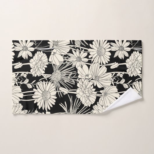 witte bloemen op zwarte achtergrond bad handdoek (Handdoek)
