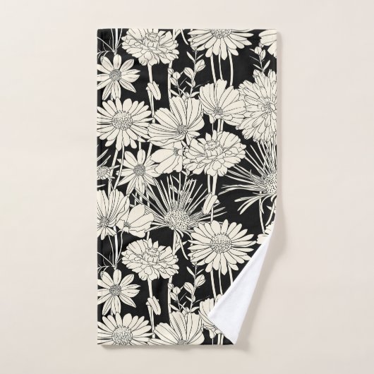 witte bloemen op zwarte achtergrond handdoek (Handdoek)
