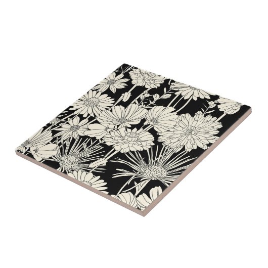  witte bloemen op zwarte achtergrond tegeltje (Zijkant)