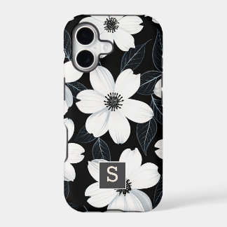 Witte bloemen op Zwarte Monogram Elegant