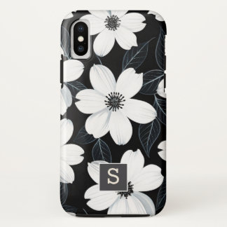 Witte bloemen op Zwarte Monogram Elegant Case-Mate iPhone Case