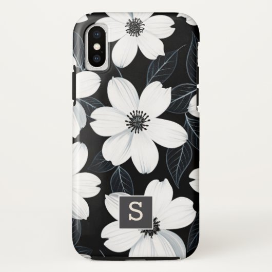 Witte bloemen op Zwarte Monogram Elegant Case-Mate iPhone Case (Achterkant)