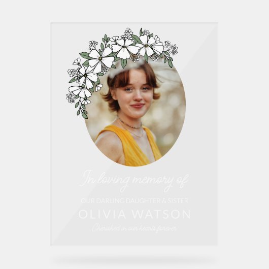 Witte bloemen ovale foto in liefdevolle herinnerin acryl bord (Voorkant)