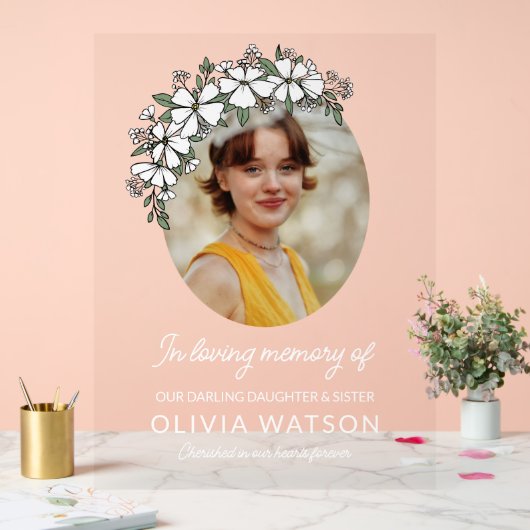 Witte bloemen ovale foto in liefdevolle herinnerin acryl bord (Huwelijk)