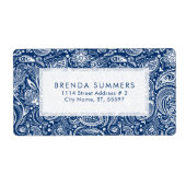 Witte Bloemen Paisley Custom Navy Blauwe Achtergro Etiket (Voorkant)
