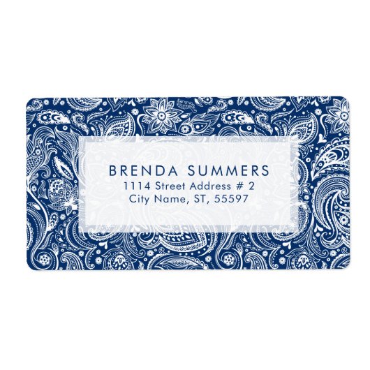 Witte Bloemen Paisley Custom Navy Blauwe Achtergro Etiket (Voorkant)