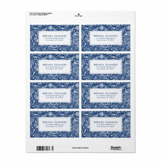 Witte Bloemen Paisley Custom Navy Blauwe Achtergro Etiket (Full Sheet)