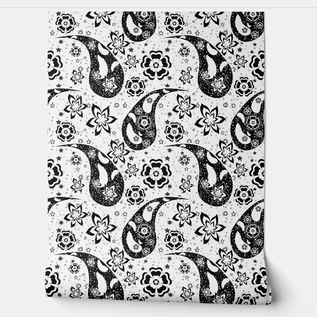 Witte Bloemen Paisley Patroon Ontwerp Behang (Afrollen)