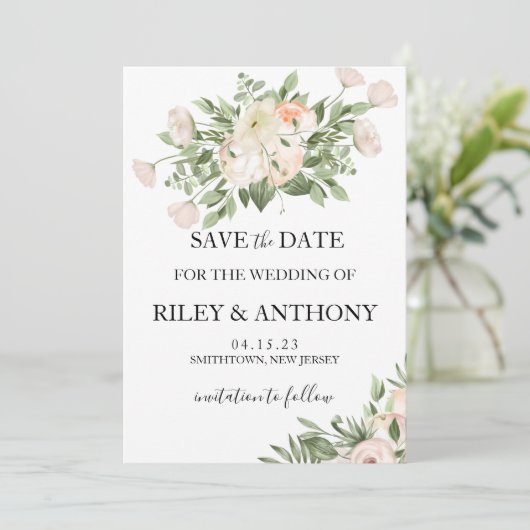 Witte bloemen Pampas gras groen succulent Save The Date (Staand voorkant)