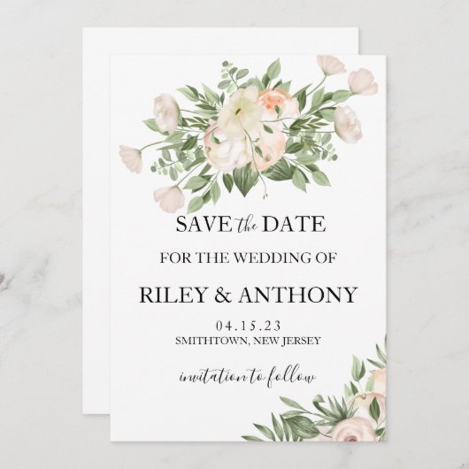 Witte bloemen Pampas gras groen succulent Save The Date (Voorkant / Achterkant)