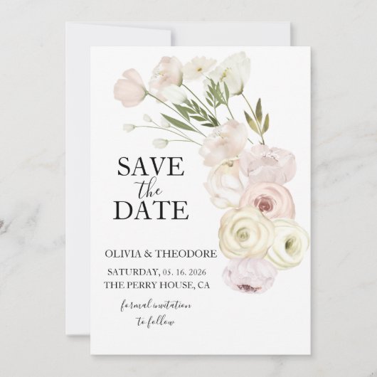 Witte bloemen Pampas gras groen succulent Save The Date (Voorkant)