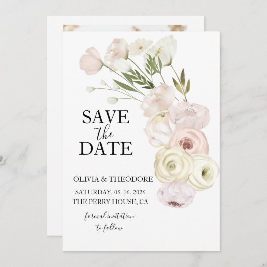 Witte bloemen Pampas gras groen succulent Save The Date (Voorkant / Achterkant)