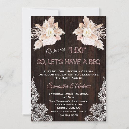 Witte Bloemen Pampas Gras Kant Hout I DO BBQ Kaart (Voorkant)