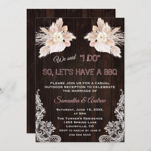 Witte Bloemen Pampas Gras Kant Hout I DO BBQ Kaart (Voorkant / Achterkant)