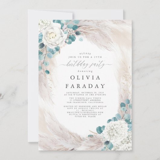 Witte Bloemen Pampas Gras Verjaardag Uitnodiging (Voorkant)