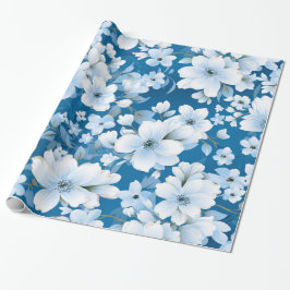 witte bloemen patroon, blauwe achtergrond, cadeaupapier