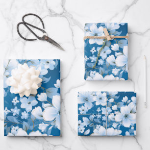 witte bloemen patroon, blauwe achtergrond, inpakpapier vel