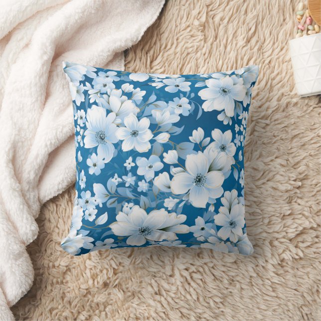 witte bloemen patroon, blauwe achtergrond, kussen (Deken)