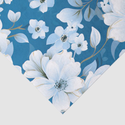 witte bloemen patroon, blauwe achtergrond, tissuepapier (Detail)