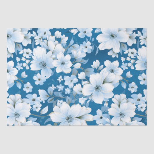 witte bloemen patroon, blauwe achtergrond, tissuepapier (Voorkant)
