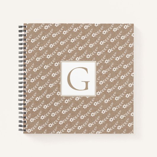 Witte bloemen patroon en monogram bijtend notitieboek (Voorkant)